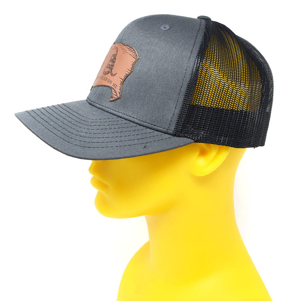 WEBY Richardson 112 Charcoal Grey/Black OSFA Trucker Hat with the Don't Tread on Me Motto in Leather (HAT-112-CHAR/BLK-DNTRED-LEATHER)