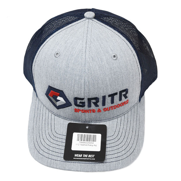 WEBY Richardson 112 Heather Grey/Navy OSFA Trucker Hat with Gritr Sports and Outdoors Logo (HAT-112-HG/NVY-GRITRSPORTS)
