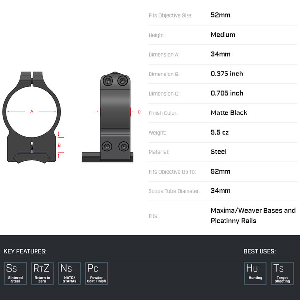 product variation WARNE Maxima Steel 34mm PA Medium Matte Rings (221M) image