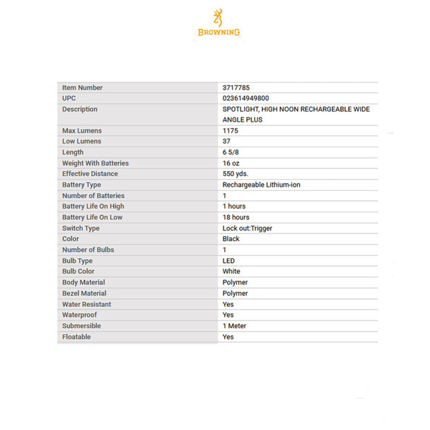 product variation BROWNING High Noon USB Rechargeable Spotlight with Wide Angle Plus (3717785) image