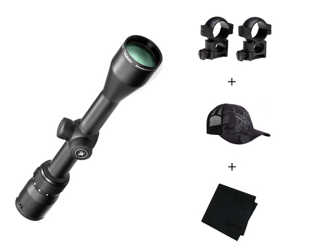 product variation VORTEX Diamondback 4-12x40mm Riflescope w/ High 1in Scope Rings, Black Camo Hat and Microfiber Cloth (VOR-DBK-04-BDC+RING-H+121-53-BCA+MF) image