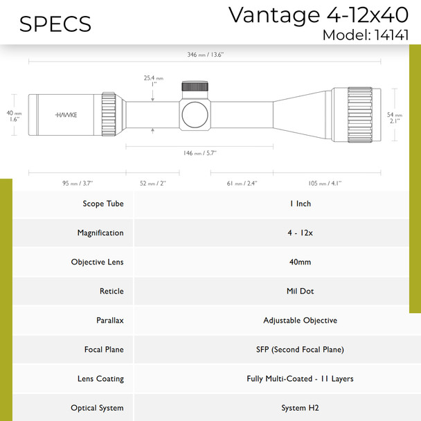 product variation HAWKE Vantage 4-12x40 AO Mil-Dot Riflescope with Match Mount 1in Medium Weaver Scope Rings (14141+22113) image