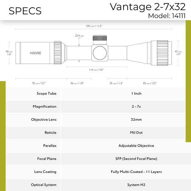 product variation HAWKE Vantage  2-7x32 AO Mil-Dot Riflescope with Match Mount 1in Medium Weaver Scope Rings (14111+22113) image