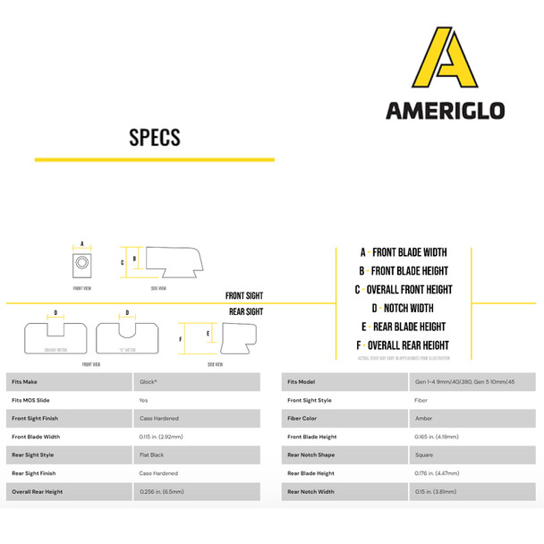 AMERIGLO Amber Fiber Front/Black Rear Sight Set For Glock Gen 1-4 9mm/.40/.380, Gen 5 10mm/.45