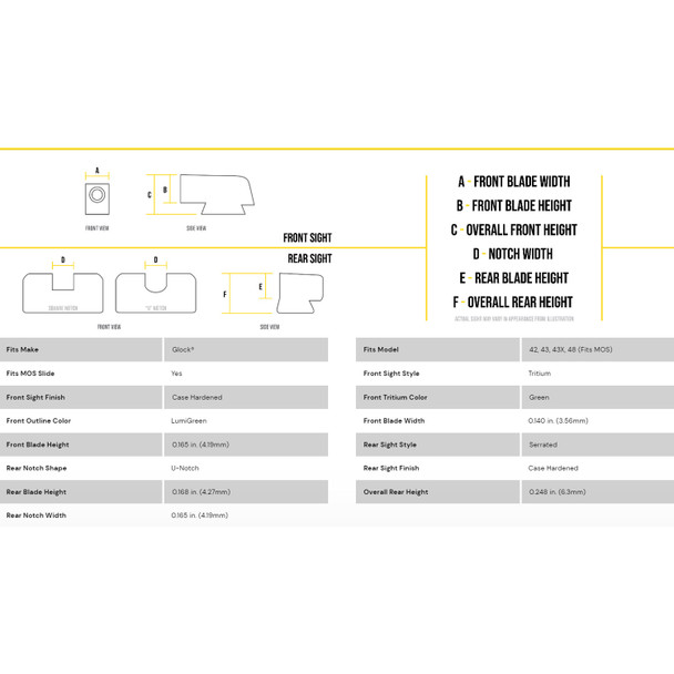 product variation AmeriGlo UC, Sight, Fits Glock 42 and 43, Green Tritium LimeGreenLumi Outline Front Black Serrated Round Notch Rear GL-352 image