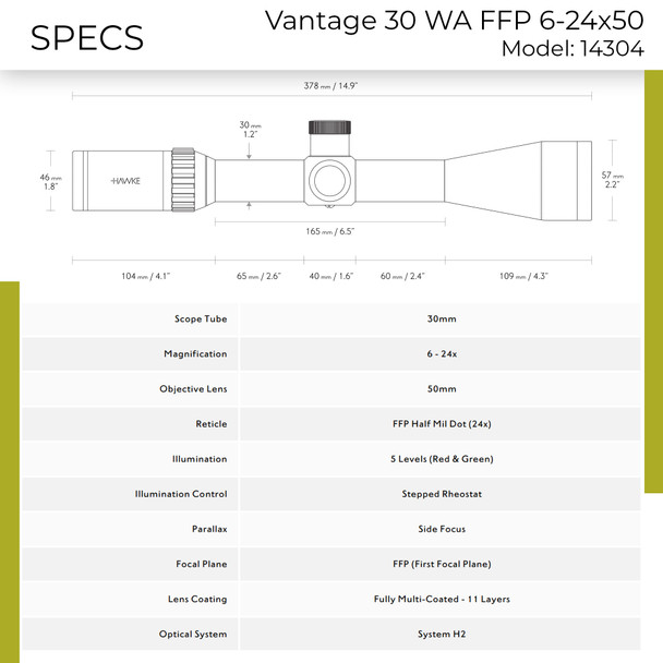 product variation HAWKE Vantage 30 WA FFP 6-24x50 1/2 Mil Dot IR Reticle Riflescope (14304) image