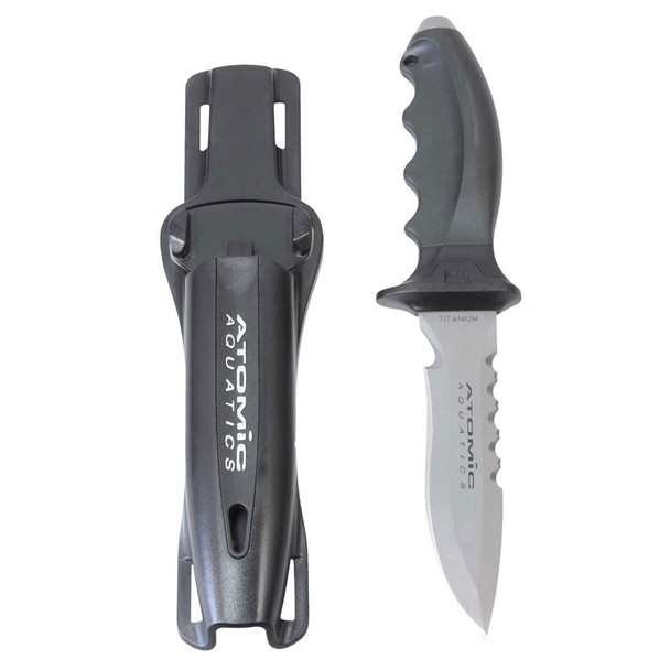 product variation Atomic Aquatics Ti6 pointed-tip titanium dive knife with a molded sheath image