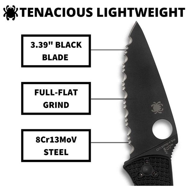 SPYDERCO Tenacious Lightweight Black Serrated Blade Black FRN Handle Folding Knife (C122SBBK)