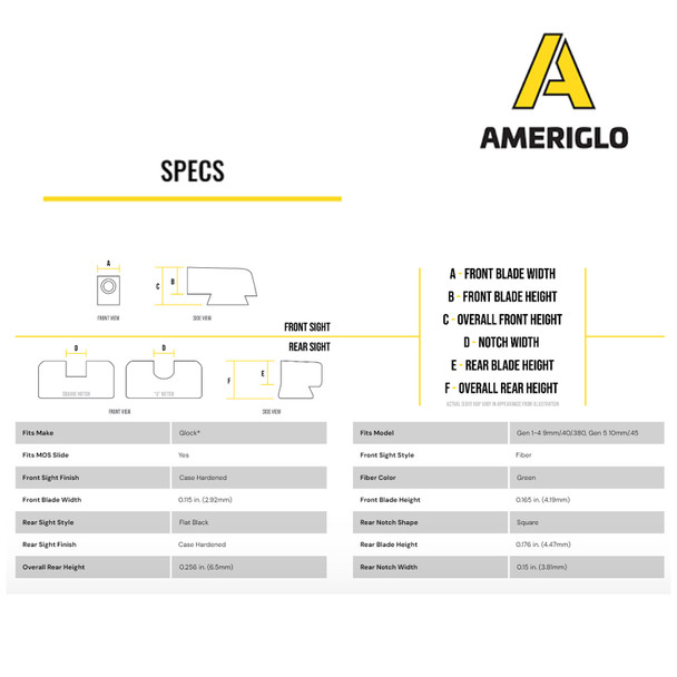 AMERIGLO Fits Glock 17,19,22,23,24,26,27,33,34,35,37,38,39 Green Fiber Front Black Rear Sight Set (GFT-114)