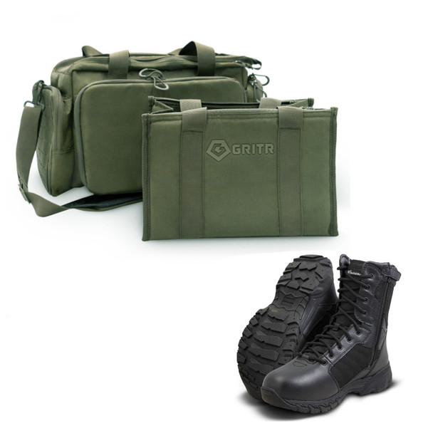 GRITR Tactical OD Green Range Bag with SMITH & WESSON FOOTWEAR Men's Breach 2.0 8in Side Zip Black 12.5 W Boots