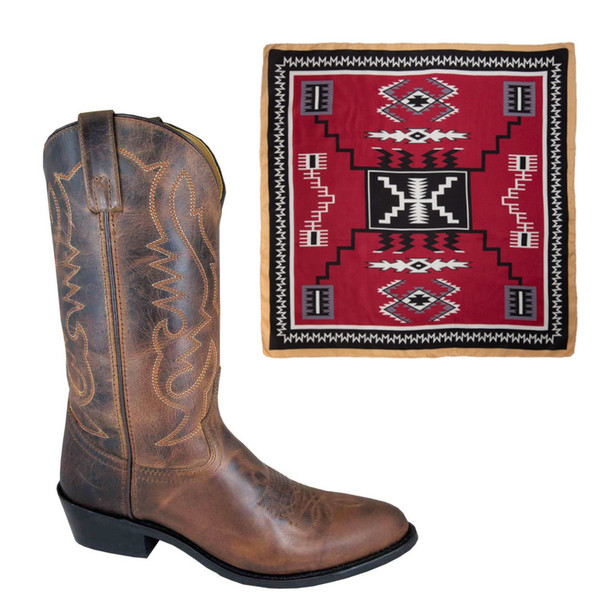 SMOKY MOUNTAIN BOOTS Men's Denver Brown Leather Western 12EE Boots and WYOMING TRADERS Aztec Maroon Black Silk Scarf