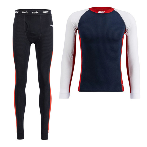 SWIX Men's RaceX Dark Navy L Bodywear LS Shirt and SWIX Men's RaceX Swix Red L Bodywear Pants