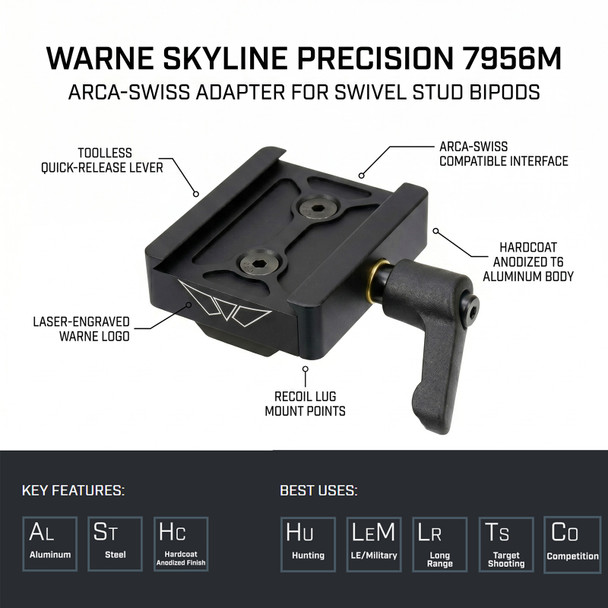 product variation WARNE Skyline Precision ARCA Rail Adapter for Swivel Stud Style Bipod (7956M) image