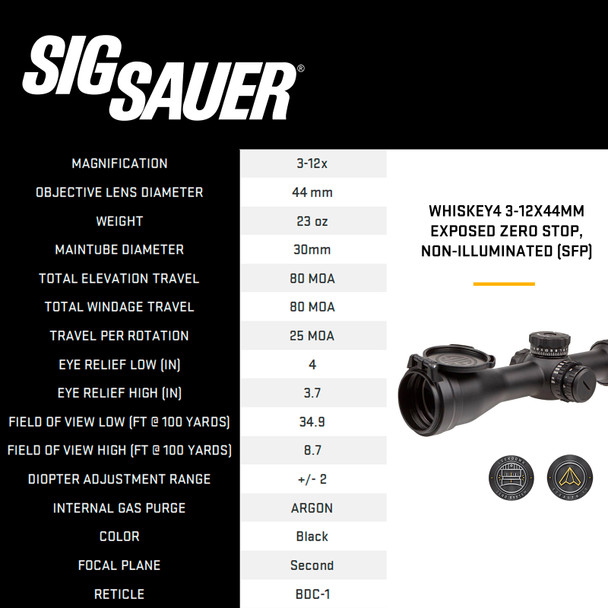 SIG SAUER Whiskey4 3-12x44mm 30mm Riflescope SOW43002