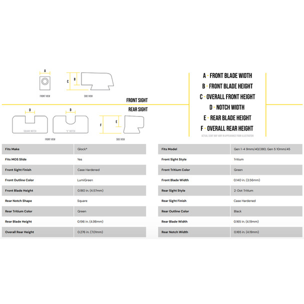 product variation AmeriGlo Trooper, Sight, Fits Glock MOS, 17,19,22,23,24,26,27,33,34,35,37,38,39 Gen 1-4, Green Tritium LumiLime Outline Front, Green Tritium Black Serrated Rear, Front/Rear GL-819 image