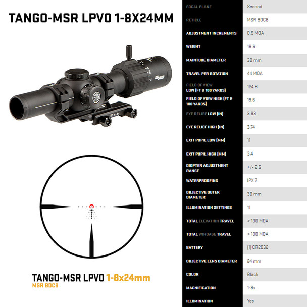 product variation SIG SAUER Tango MSR LPVO 1-8x24mm 30mm SFP MSR-BDC8 Illuminated MOA Reticle Black Riflescope with ALPHA-MSR Cantilvered Mount (SOTM810000 image