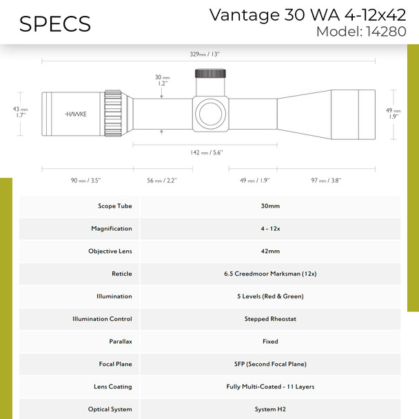 product variation HAWKE Vantage 30 WA IR 4-12x42 6.5 Creedmoor Marksman Riflescope (14280) image