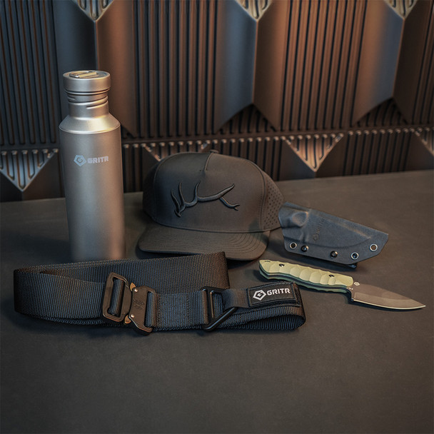 product variation GRITR Titanium Sport Water Bottle 25.4 fl oz w/ Scout Fixed Blade Full Tang Knife, Tactical Heavy Duty Belt & Black Trucker Hat w/ Embroidery - Outdoor EDC Accessories for Hiking image
