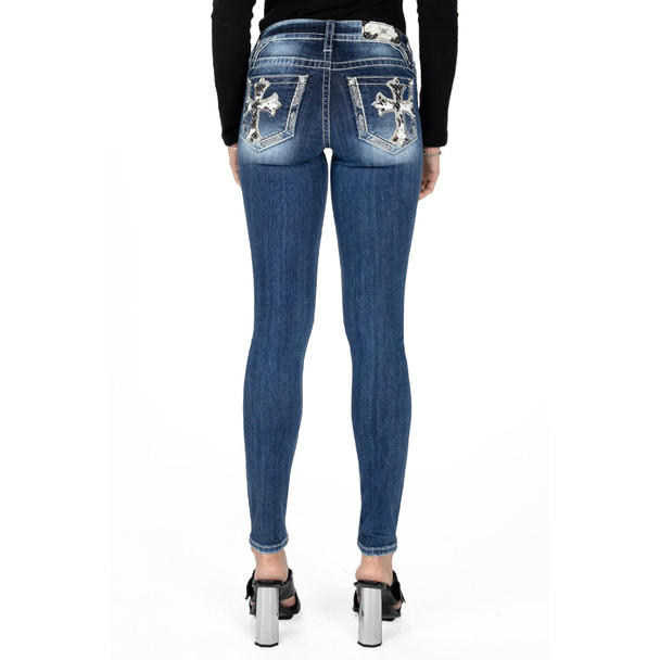 product variation MISS ME Women's Cow Print Cross Low-Rise Medium Blue Skinny Jeans (L9182S) image