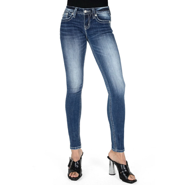 product variation MISS ME Women's Cow Print Cross Low-Rise Medium Blue Skinny Jeans (L9182S) image