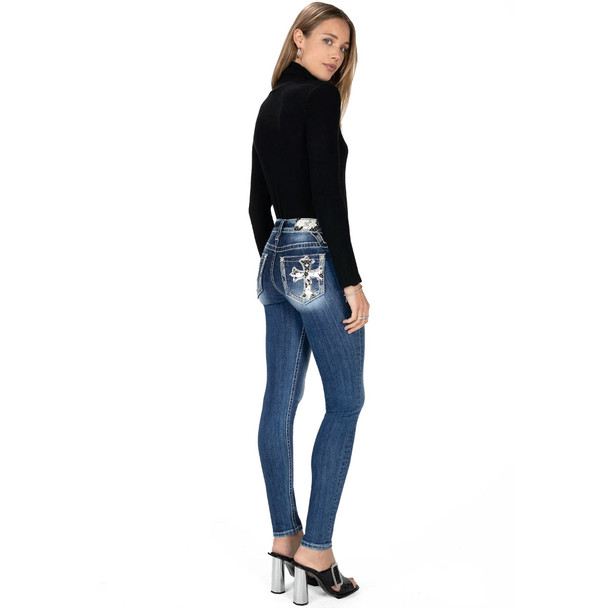product variation MISS ME Women's Cow Print Cross Low-Rise Medium Blue Skinny Jeans (L9182S) image