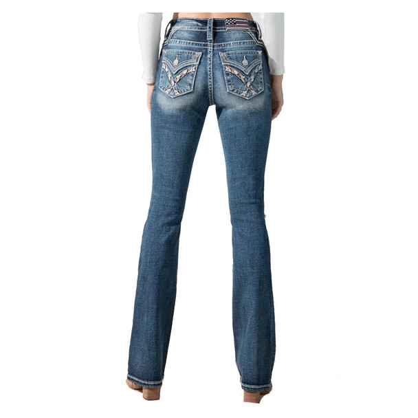 product variation MISS ME Women's Medium Wash Mid-Rise Embroidered Paisley Distressed Bootcut 34in Dark Blue Jeans (M3444B70) image