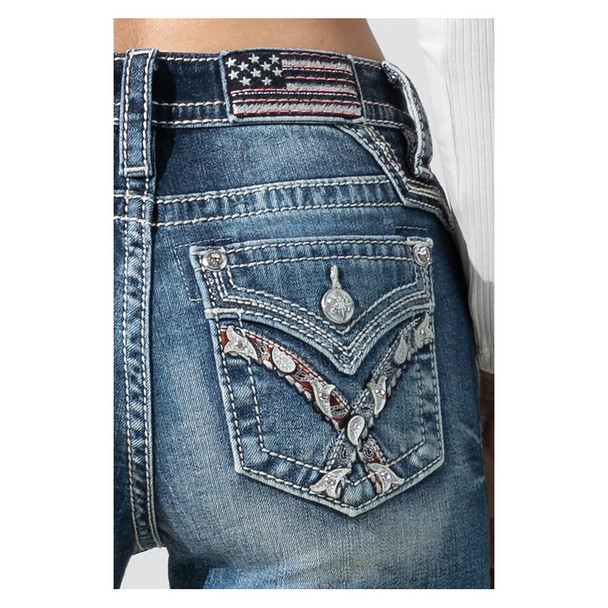 product variation MISS ME Women's Medium Wash Mid-Rise Embroidered Paisley Distressed Bootcut 34in Dark Blue Jeans (M3444B70) image