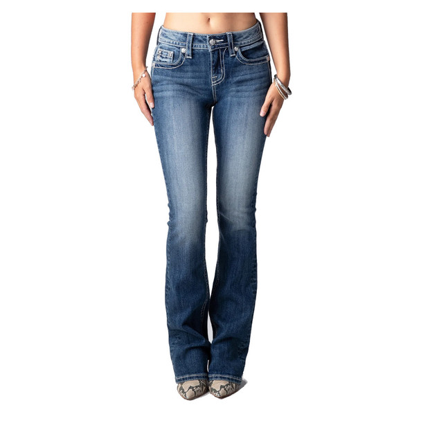 product variation MISS ME Women's Medium Wash Mid-Rise Americana Wing Cross Rhinestone Bootcut Blue Jeans (M3898B) image
