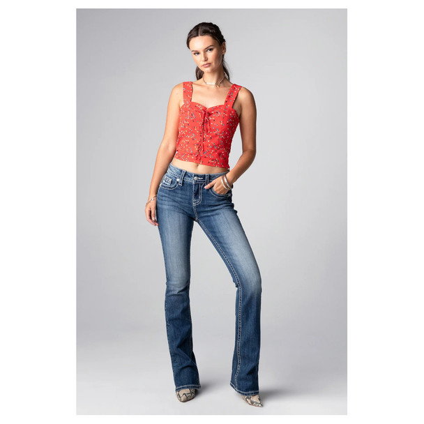 product variation MISS ME Women's Medium Wash Mid-Rise Americana Wing Cross Rhinestone Bootcut Blue Jeans (M3898B) image