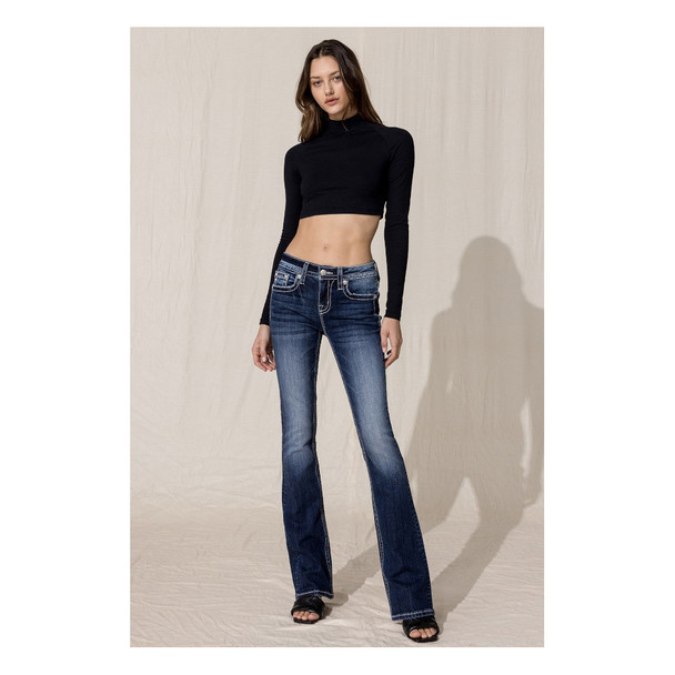 product variation MISS ME Women's Mid Rise Bandana Dream Catcher Dark Blue Bootcut Jeans (M3935B) image