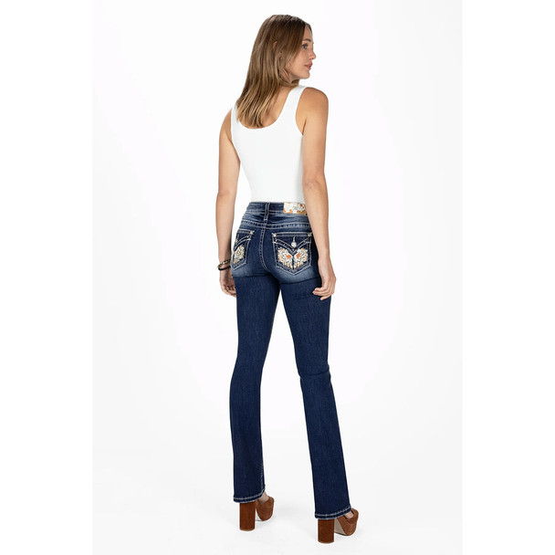 product variation Miss Me Women's Cowgirl Angel Wings Dark Blue Mid-Rise Bootcut Jeans with Faux Flap Pockets (M5082B146) image