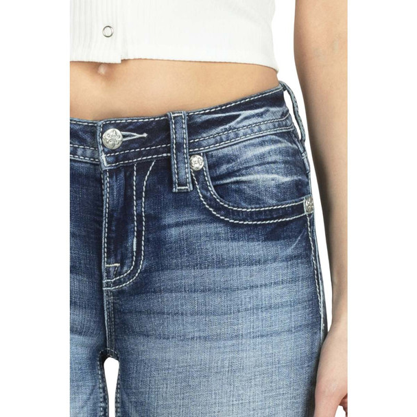 product variation MISS ME Women's Botanical Border Embellished Mid-Rise Bootcut Medium Blue Jeans with Faux Flap Pockets (M9146B) image