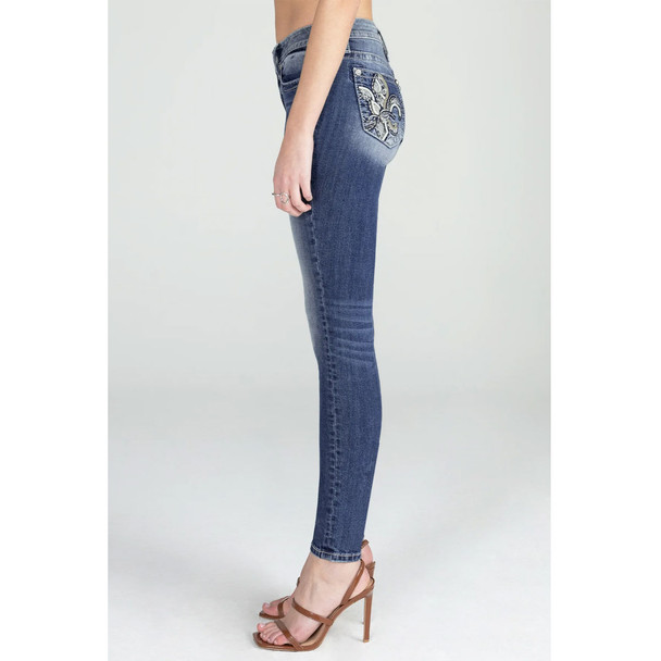 product variation MISS ME Women's Detailed Fleur De Lis Medium Blue Mid-Rise Skinny Jeans (M9159S) image