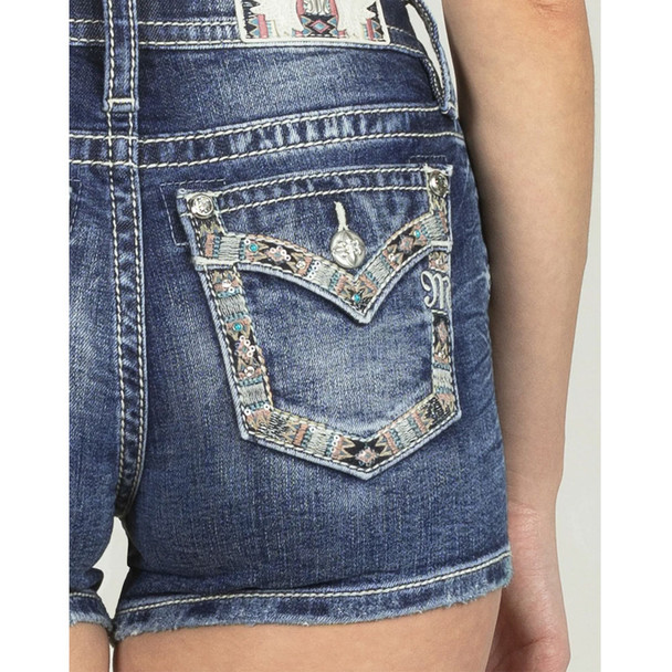 product variation MISS ME Women's Aztec Border Dark Blue Mid-Rise Denim Shorts (M9164H) image