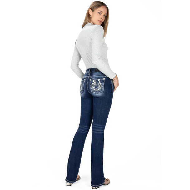 product variation MISS ME Women's Mid-Rise Floral Swirl Horseshoe Dark Blue Bootcut Jeans (M9183B) image