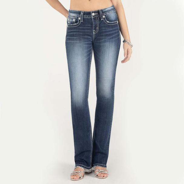 product variation MISS ME Women's Metallic Turquoise Fleur De Lis Medium Dark Wash Bootcut Jeans (M9217B) image