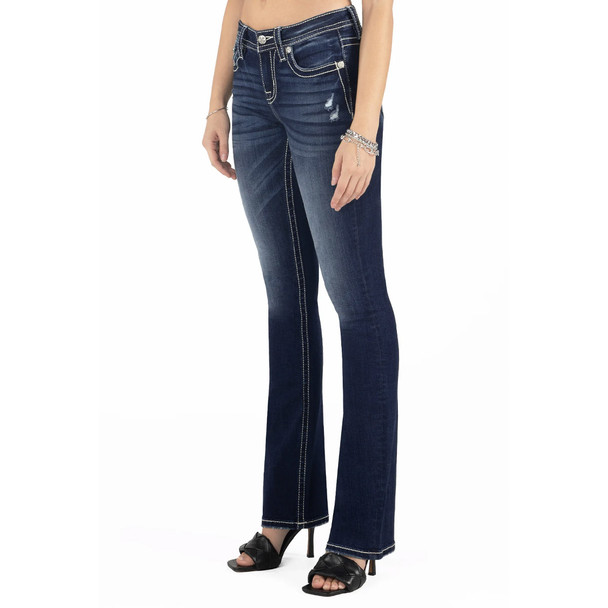 product variation Miss Me Women's Western Longhorn Dark Blue Mid-Rise Bootcut Jeans (M9222B) image