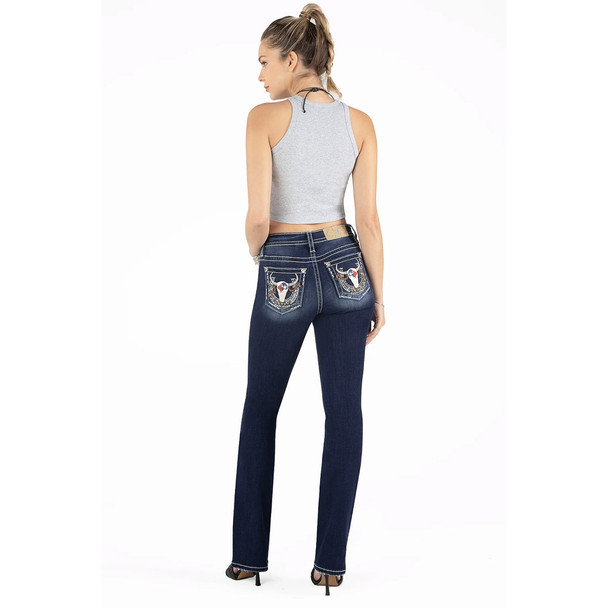 product variation Miss Me Women's Western Longhorn Dark Blue Mid-Rise Bootcut Jeans (M9222B) image