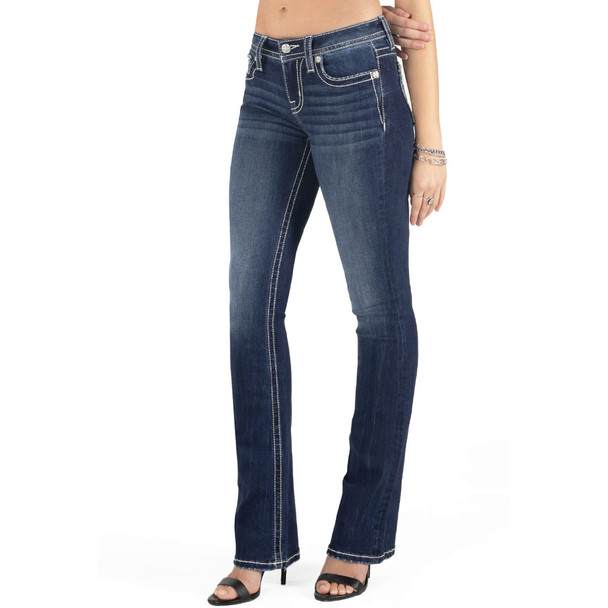 product variation MISS ME Women's Mid-Rise Floral White Leather Dark Blue Bootcut Jeans (M9228B) image