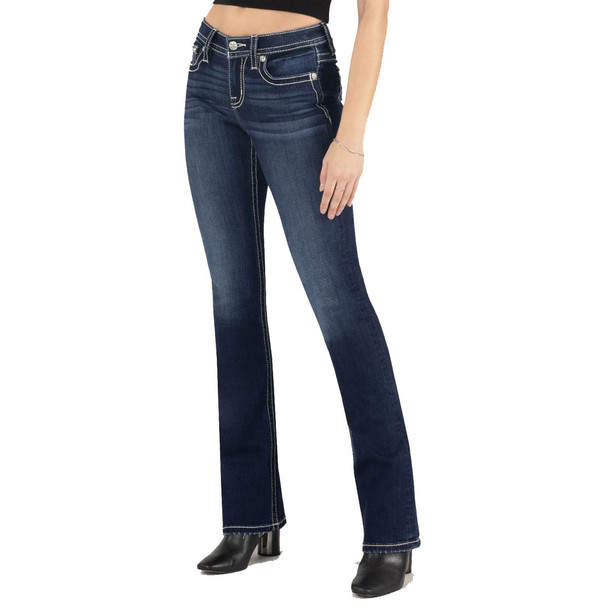 product variation MISS ME Women's Floral Peekaboo Mid-Rise Dark Blue Bootcut Jeans (M9230B) image