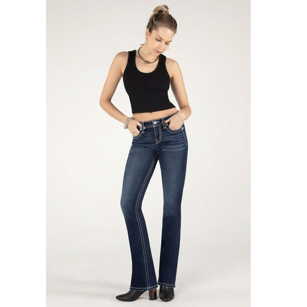 product variation MISS ME Women's Floral Peekaboo Mid-Rise Dark Blue Bootcut Jeans (M9230B) image