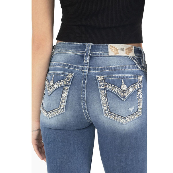 product variation MISS ME Women's Gold Floral Stitch Border Mid-Rise Medium Blue Bootcut Jeans (M9235B) image