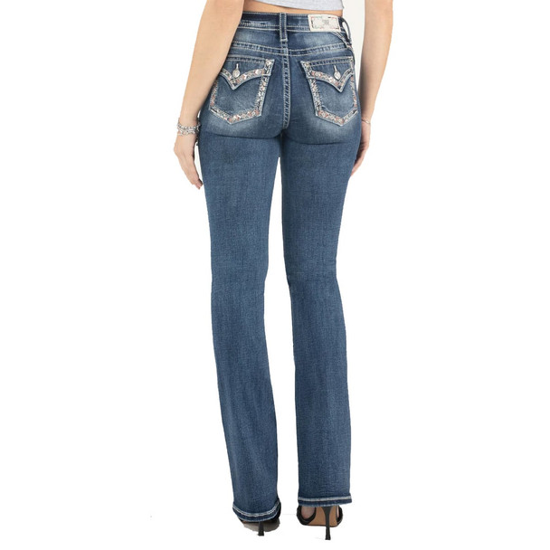 product variation MISS ME Women's Pink Border Stitch Mid-Rise Dark Blue Bootcut Jeans (M9245B) image
