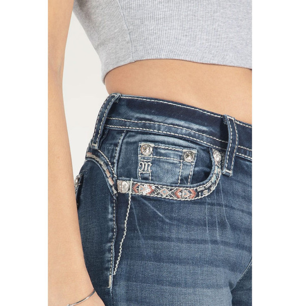 product variation MISS ME Women's Pink Border Stitch Mid-Rise Dark Blue Bootcut Jeans (M9245B) image