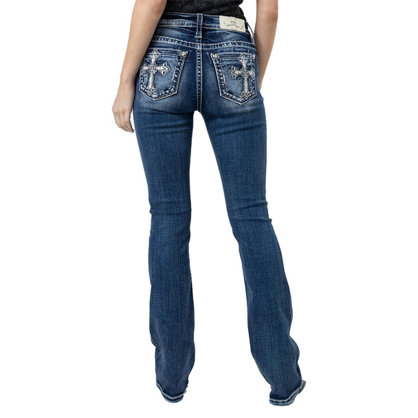 product variation Miss Me Women's Scalloped Edge Cross Dark Blue Mid-Rise Bootcut Jeans (M9268B) image