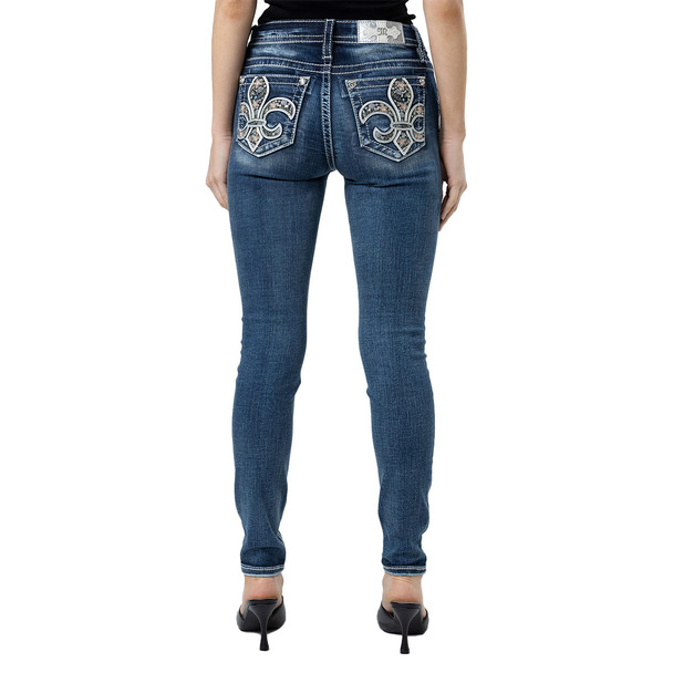 product variation MISS ME Women's Floral Fleur Dark Blue Mid-Rise Skinny Jeans with Embellished Pockets (M9273S) image