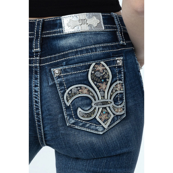 product variation MISS ME Women's Floral Fleur Dark Blue Mid-Rise Skinny Jeans with Embellished Pockets (M9273S) image