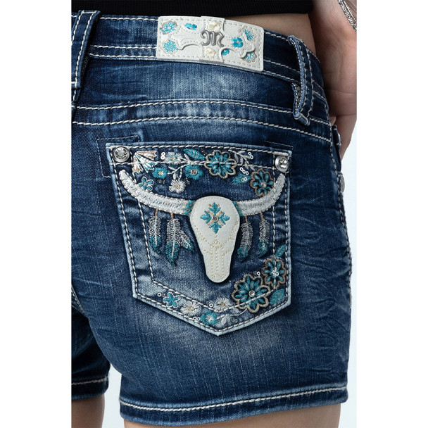 product variation MISS ME Women's Dreamy Longhorn Blue Mid-Rise Jean Shorts with Embellished Pockets (M9275H) image