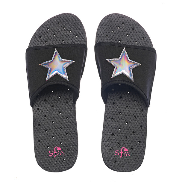 product variation SHOWAFLOPS Women's Casual Slip-Resistant Black Slides with Neoprene Strap and Silver Hologram Star (2442) image