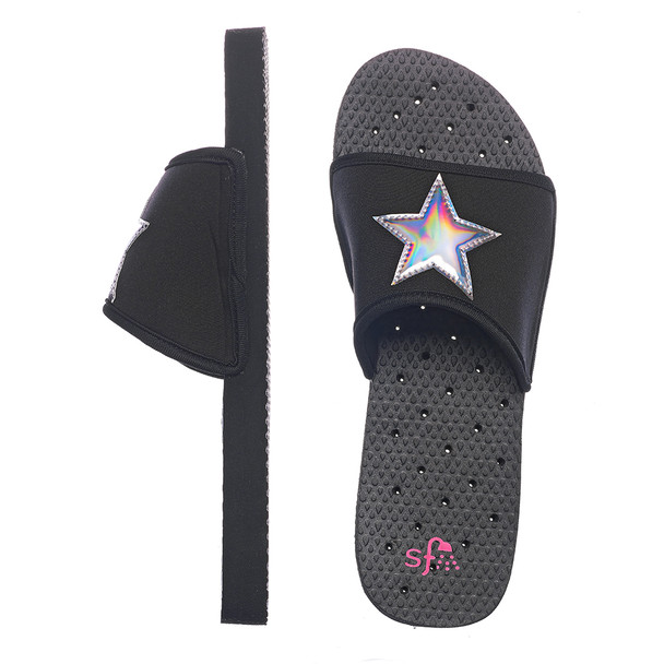 product variation SHOWAFLOPS Women's Casual Slip-Resistant Black Slides with Neoprene Strap and Silver Hologram Star (2442) image